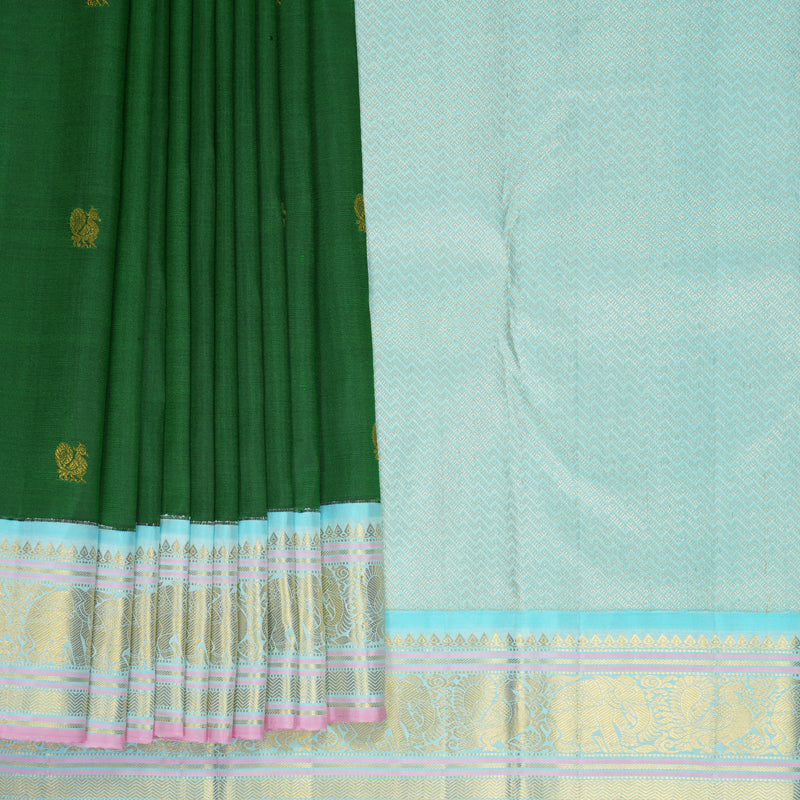 Hayagrivas Handloom Dark Green Kanjivaram Silk Saree with Ice Blue Border KBE2183A1-5