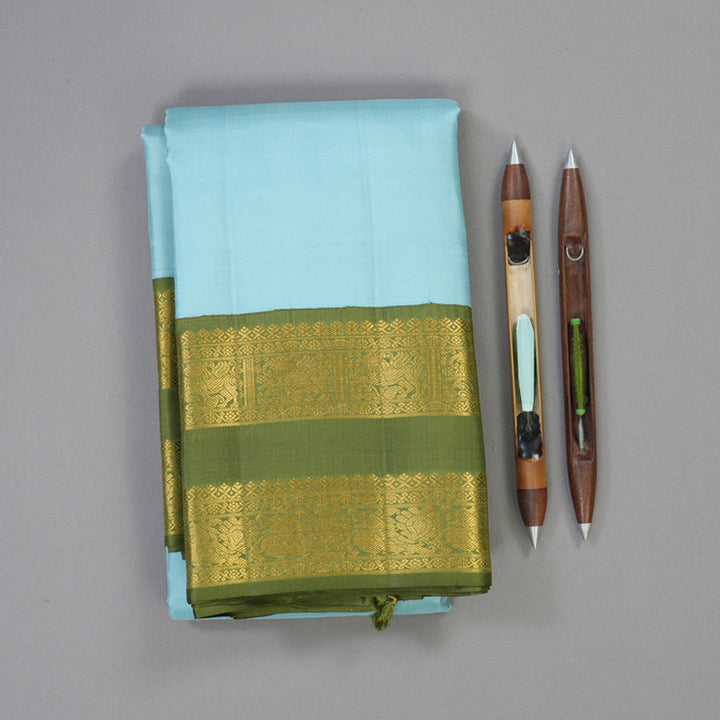 Hayagrivas Handloom Powder Blue Kanjivaram Silk Saree with Mild Mehandi Green Border KBE2193A2-2