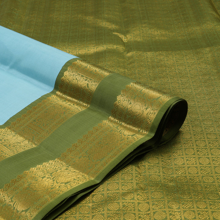 Hayagrivas Handloom Powder Blue Kanjivaram Silk Saree with Mild Mehandi Green Border KBE2193A2-2