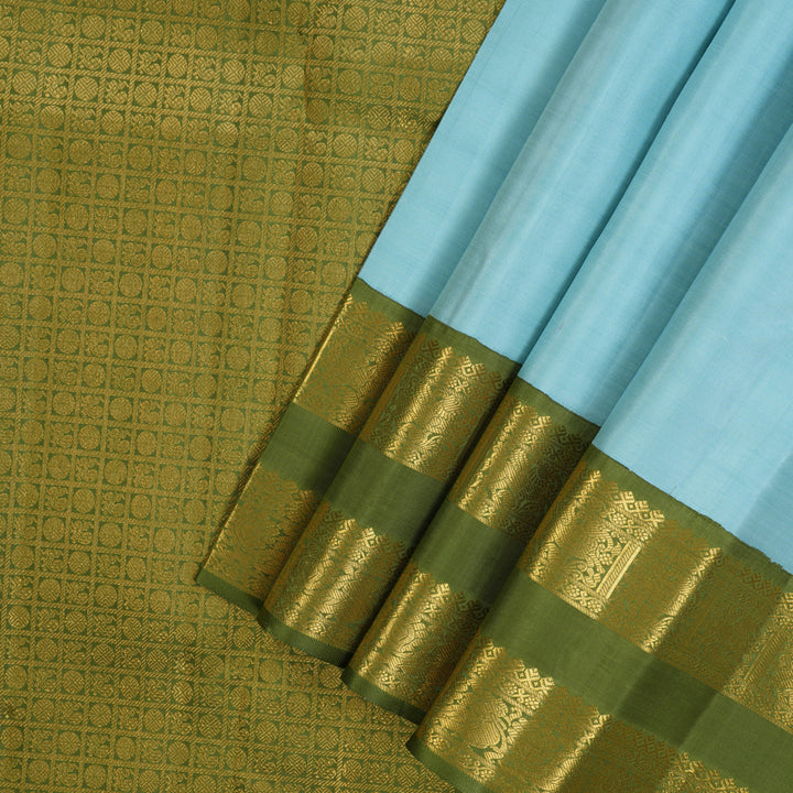 Hayagrivas Handloom Powder Blue Kanjivaram Silk Saree with Mild Mehandi Green Border KBE2193A2-2