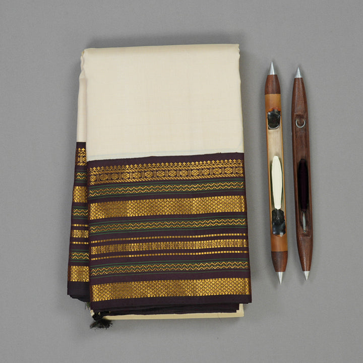 Hayagrivas Handloom Half-White Kanjivaram Silk Saree with Kanchana Brown Border KBE2194A13-1