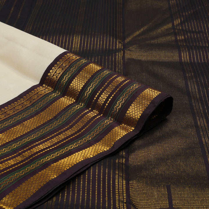 Hayagrivas Handloom Half-White Kanjivaram Silk Saree with Kanchana Brown Border KBE2194A13-1