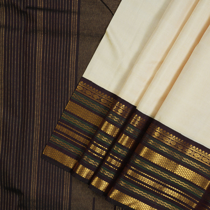Hayagrivas Handloom Half-White Kanjivaram Silk Saree with Kanchana Brown Border KBE2194A13-1