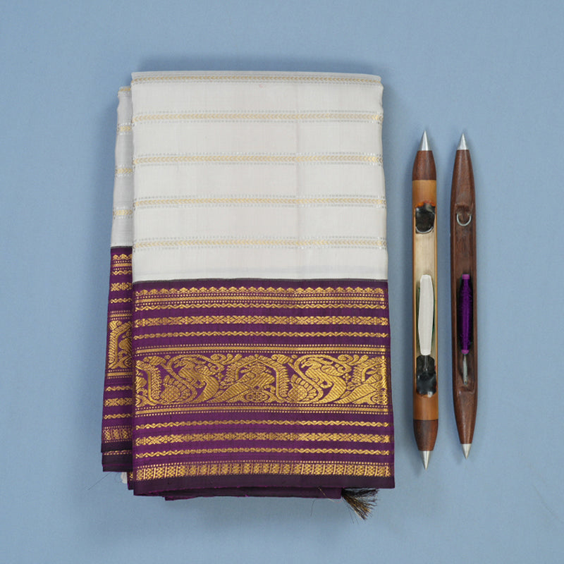 Hayagrivas Handloom Cream Kanjivaram Silk Saree with Purple Border KBE2194A19-1
