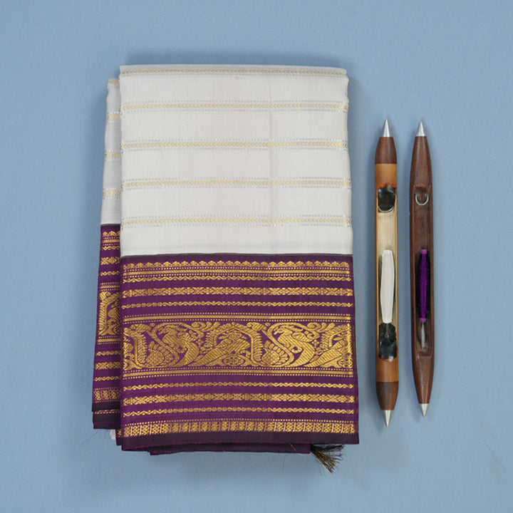 Hayagrivas Handloom Cream Kanjivaram Silk Saree with Purple Border KBE2194A19-1