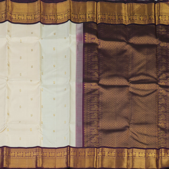 Hayagrivas Handloom Sandal Beige Kanjivaram Silk Saree with Deep Violet Border KBE2194A29-1