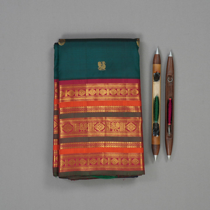 Hayagrivas Handloom Peacock Green Kanjivaram Silk Saree with Maroon Border KBE2194A30-1