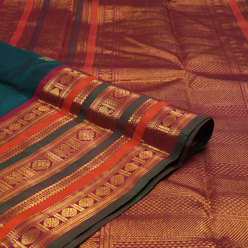 Hayagrivas Handloom Peacock Green Kanjivaram Silk Saree with Maroon Border KBE2194A30-1