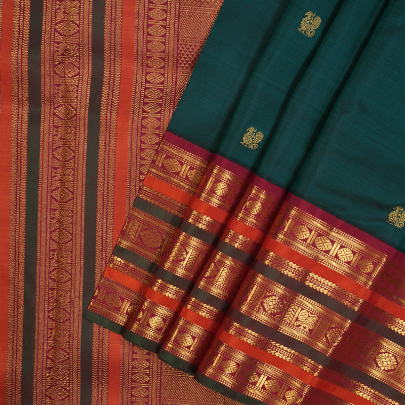 Hayagrivas Handloom Peacock Green Kanjivaram Silk Saree with Maroon Border KBE2194A30-1