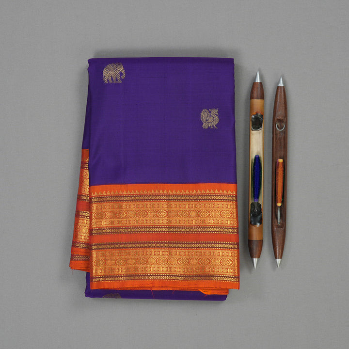 Hayagrivas Handloom Purplish-Blue Kanjivaram Silk Saree with Orange Border KBE2194A32-1