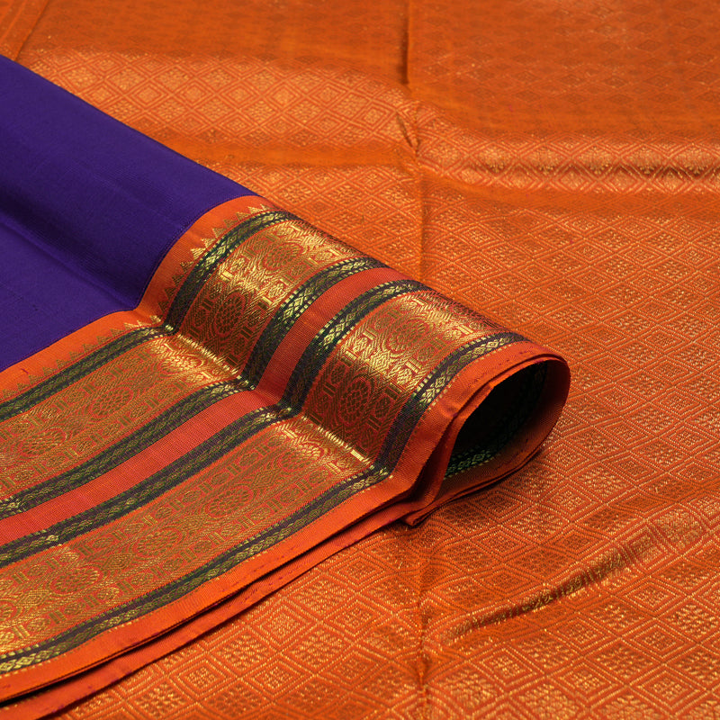 Hayagrivas Handloom Purplish-Blue Kanjivaram Silk Saree with Orange Border KBE2194A32-1