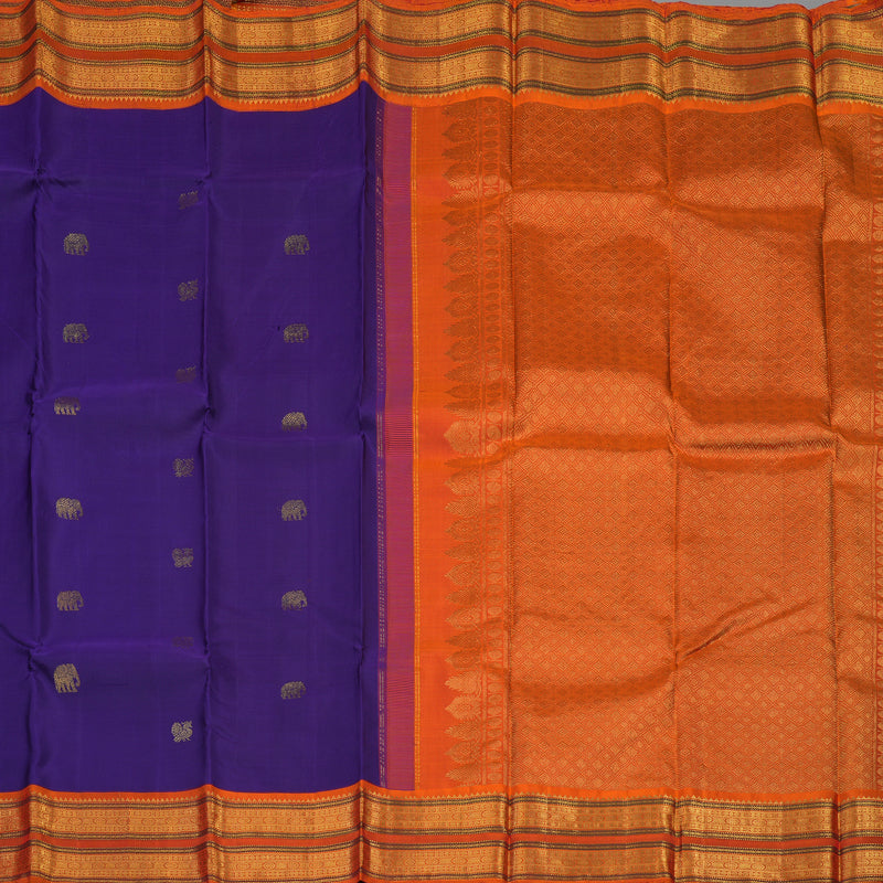 Hayagrivas Handloom Purplish-Blue Kanjivaram Silk Saree with Orange Border KBE2194A32-1