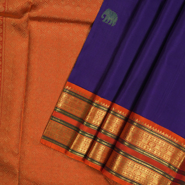 Hayagrivas Handloom Purplish-Blue Kanjivaram Silk Saree with Orange Border KBE2194A32-1