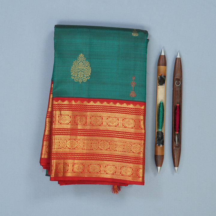Hayagrivas Handloom Rama Green Kanjivaram Silk Saree with Red Border KBE2194A35-1