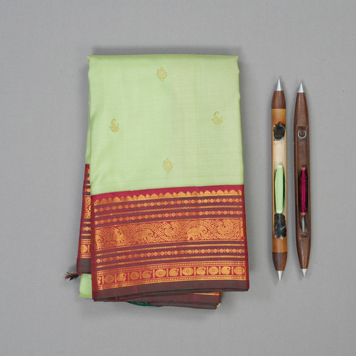 Hayagrivas Handloom Pista Green Kanjivaram Silk Saree with Maroon Border KBE2194A7-1