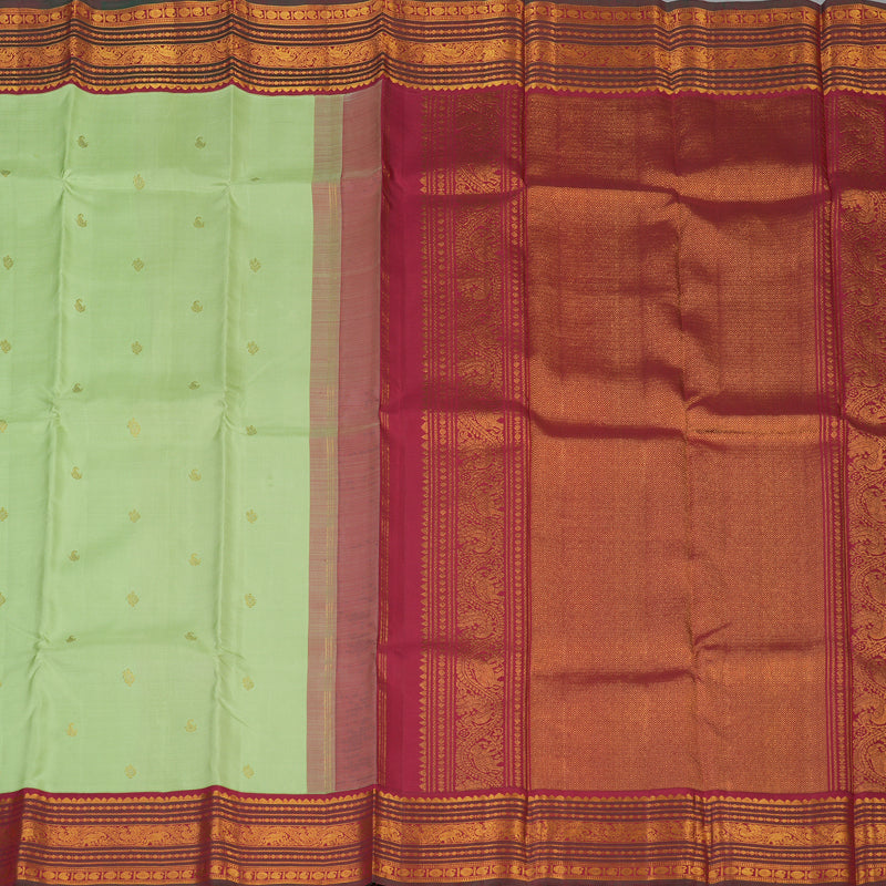 Hayagrivas Handloom Pista Green Kanjivaram Silk Saree with Maroon Border KBE2194A7-1