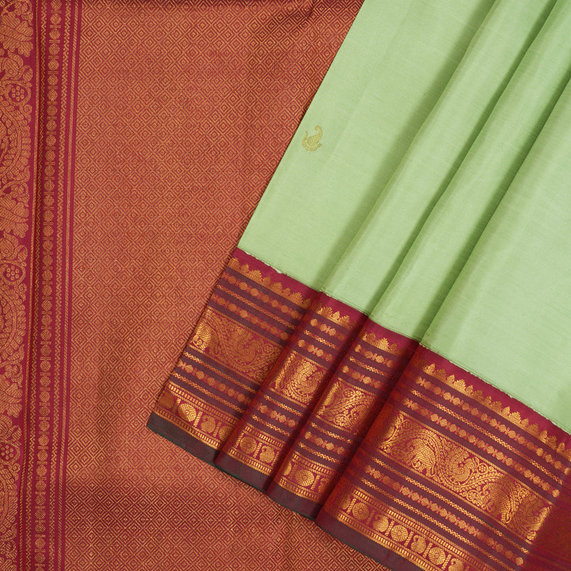 Hayagrivas Handloom Pista Green Kanjivaram Silk Saree with Maroon Border KBE2194A7-1