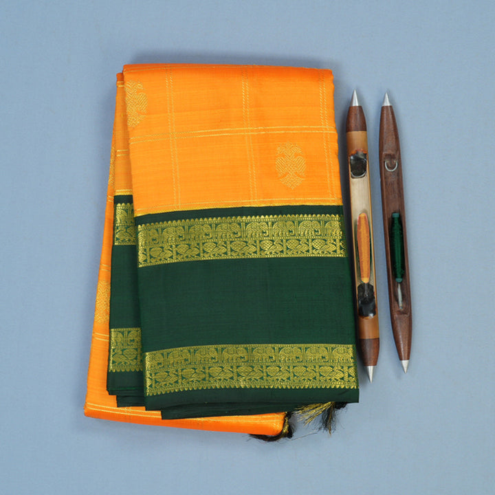 Hayagrivas Handloom Mambazham Orange Kanjivaram Silk Saree with Bottle Green Border KBE2197A7-1