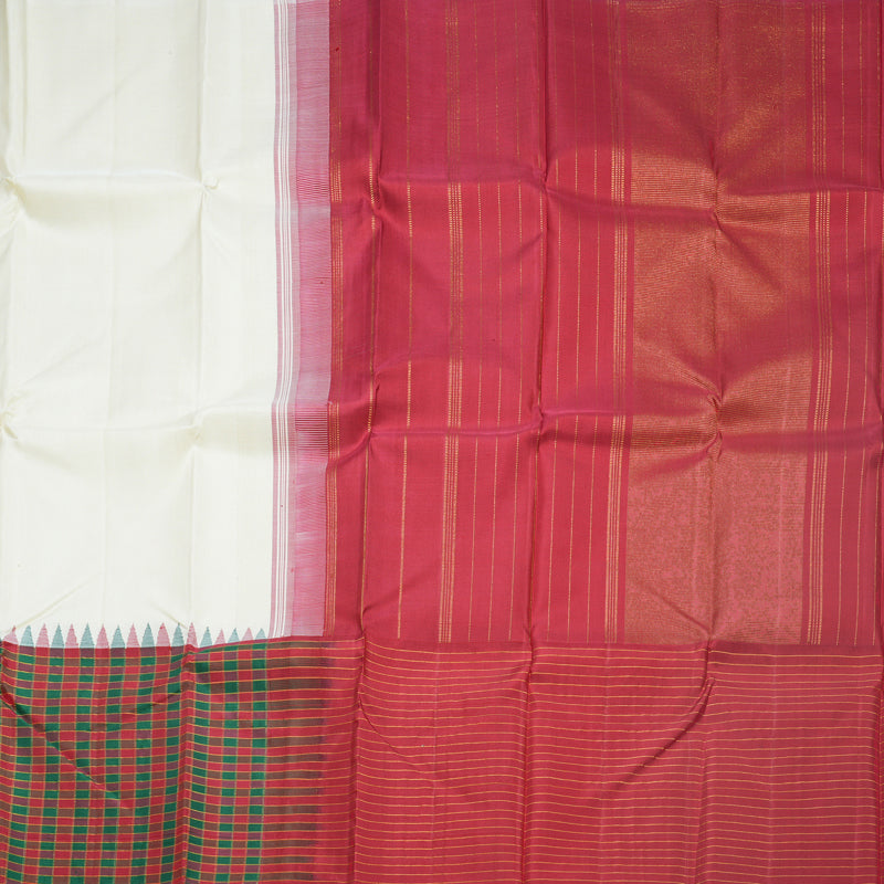 Hayagrivas Handloom Half-White Kanjivaram Silk Saree with Maroon &amp; Green Checks Border KBE2198A2-1