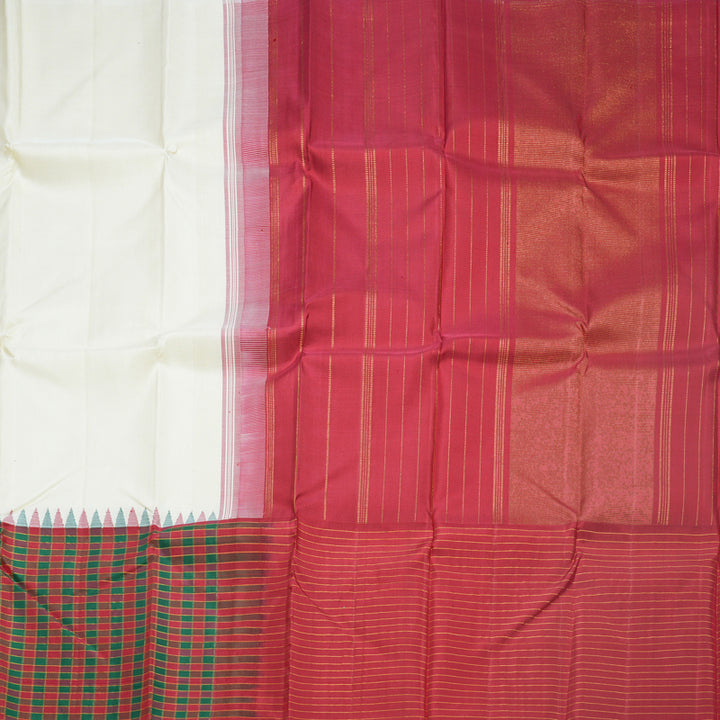 Hayagrivas Handloom Half-White Kanjivaram Silk Saree with Maroon &amp; Green Checks Border KBE2198A2-1