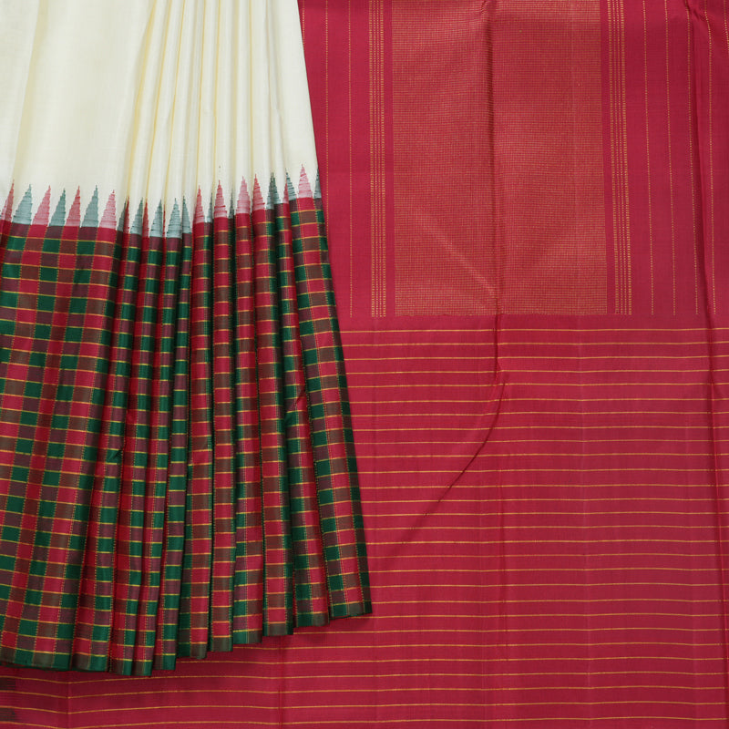Hayagrivas Handloom Half-White Kanjivaram Silk Saree with Maroon &amp; Green Checks Border KBE2198A2-1