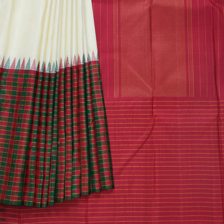 Hayagrivas Handloom Half-White Kanjivaram Silk Saree with Maroon &amp; Green Checks Border KBE2198A2-1