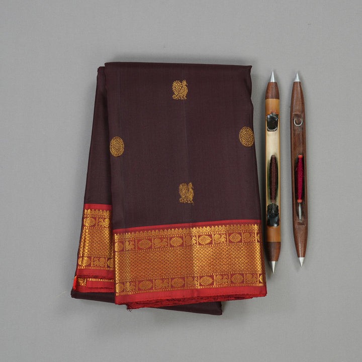 Hayagrivas Handloom Dark Brown with Wine Maroon  Kanjivaram Silk Saree KBE21D4-1