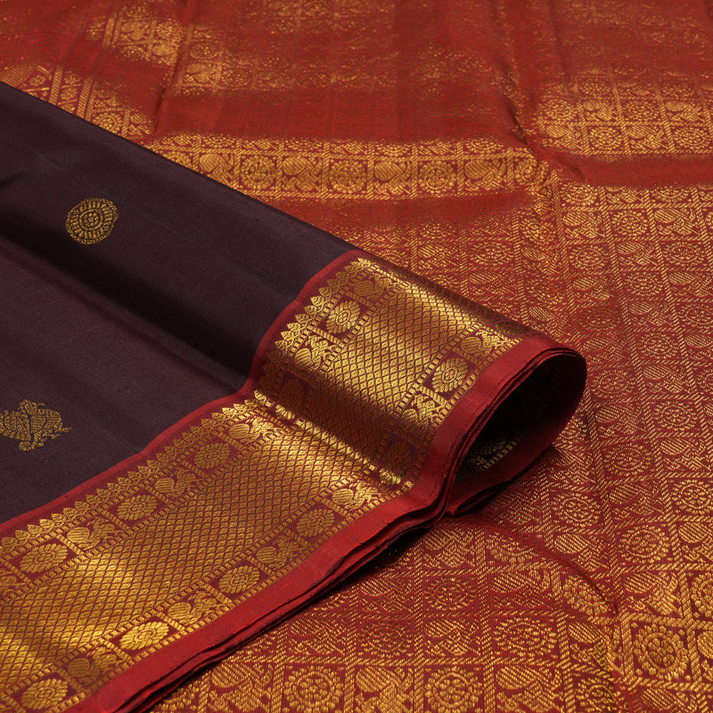 Hayagrivas Handloom Dark Brown with Wine Maroon  Kanjivaram Silk Saree KBE21D4-1
