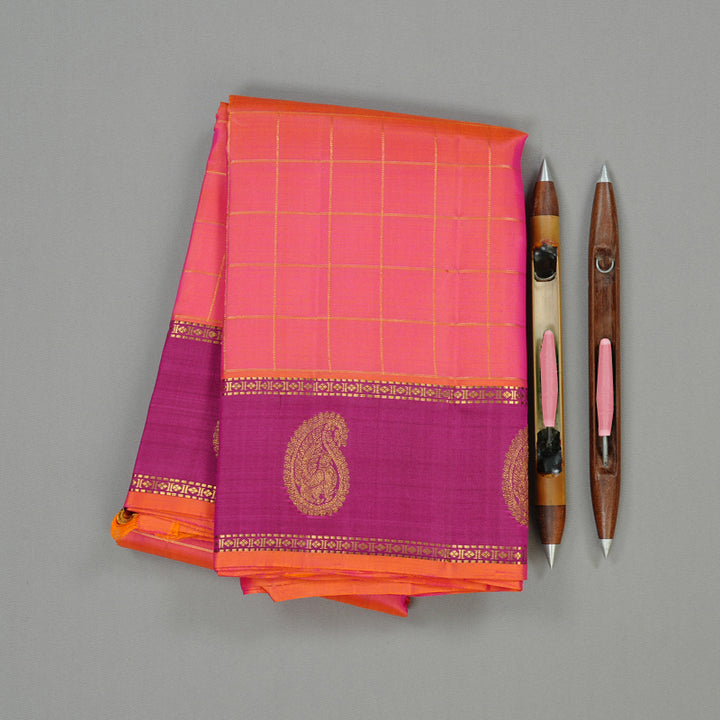 Hayagrivas Orangish Pink Handloom Kanjivaram Silk Saree with Purple Border KBE21D6-3