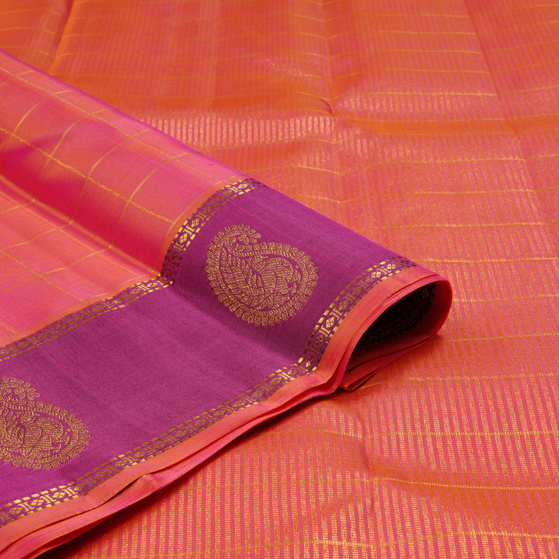 Hayagrivas Orangish Pink Handloom Kanjivaram Silk Saree with Purple Border KBE21D6-3