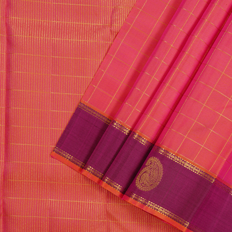 Hayagrivas Orangish Pink Handloom Kanjivaram Silk Saree with Purple Border KBE21D6-3