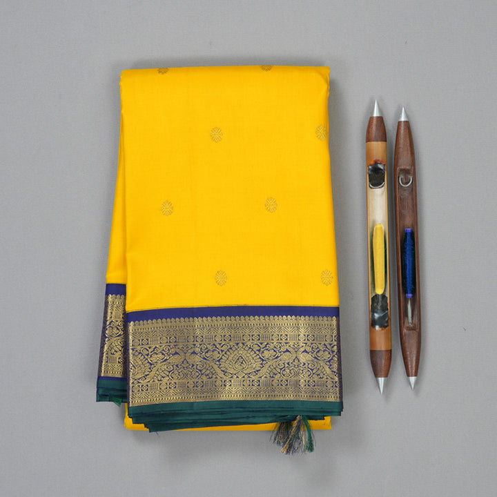 Hayagrivas Handloom Yellow Kanjivaram Silk Saree with Dark Blue Border KBE2201A3-1