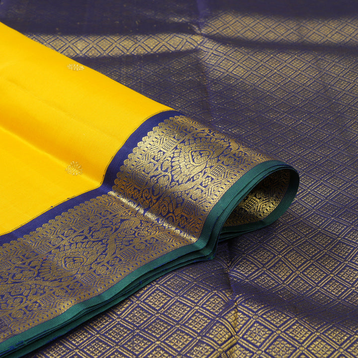 Hayagrivas Handloom Yellow Kanjivaram Silk Saree with Dark Blue Border KBE2201A3-1