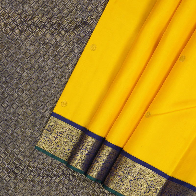 Hayagrivas Handloom Yellow Kanjivaram Silk Saree with Dark Blue Border KBE2201A3-1