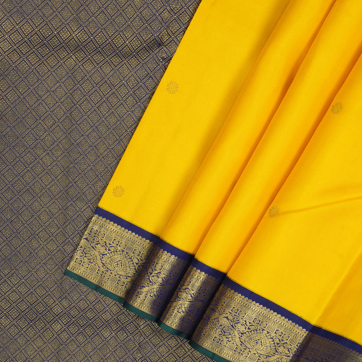 Hayagrivas Handloom Yellow Kanjivaram Silk Saree with Dark Blue Border KBE2201A3-1