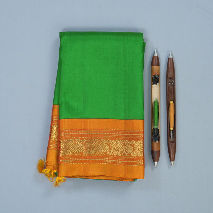 Hayagrivas Handloom Parrot Green Kanjivaram Silk Saree with Sunset Orange Border KBE2220B1-1