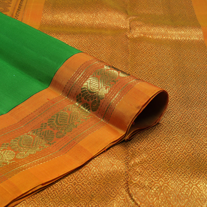 Hayagrivas Handloom Parrot Green Kanjivaram Silk Saree with Sunset Orange Border KBE2220B1-1