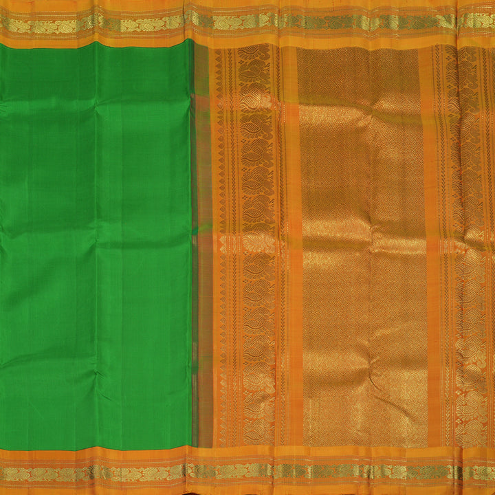 Hayagrivas Handloom Parrot Green Kanjivaram Silk Saree with Sunset Orange Border KBE2220B1-1