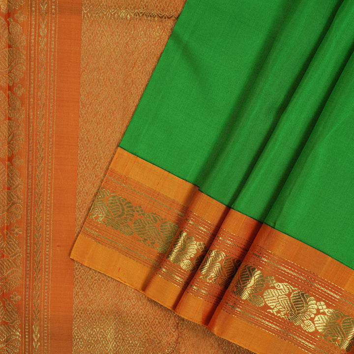 Hayagrivas Handloom Parrot Green Kanjivaram Silk Saree with Sunset Orange Border KBE2220B1-1