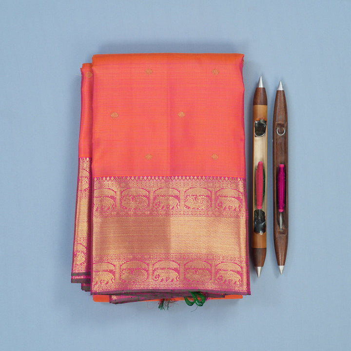 Hayagrivas Handloom Orangish-Pink Kanjivaram Silk Saree with Rani Pink Border KBE2238B2-1