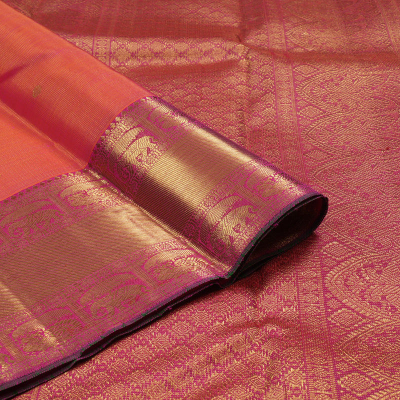 Hayagrivas Handloom Orangish-Pink Kanjivaram Silk Saree with Rani Pink Border KBE2238B2-1
