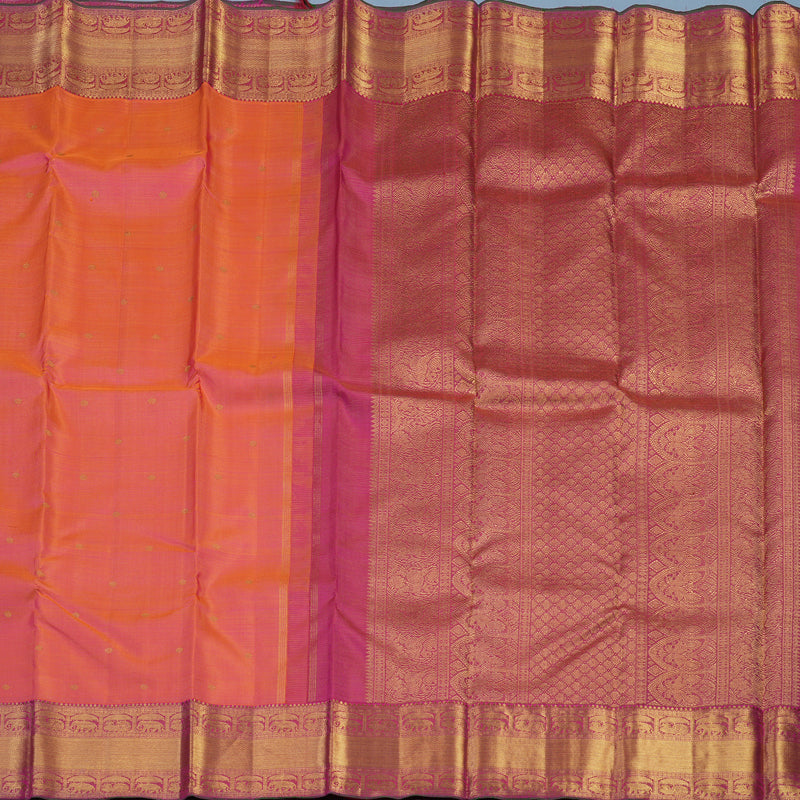 Hayagrivas Handloom Orangish-Pink Kanjivaram Silk Saree with Rani Pink Border KBE2238B2-1