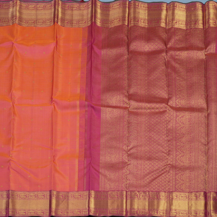 Hayagrivas Handloom Orangish-Pink Kanjivaram Silk Saree with Rani Pink Border KBE2238B2-1