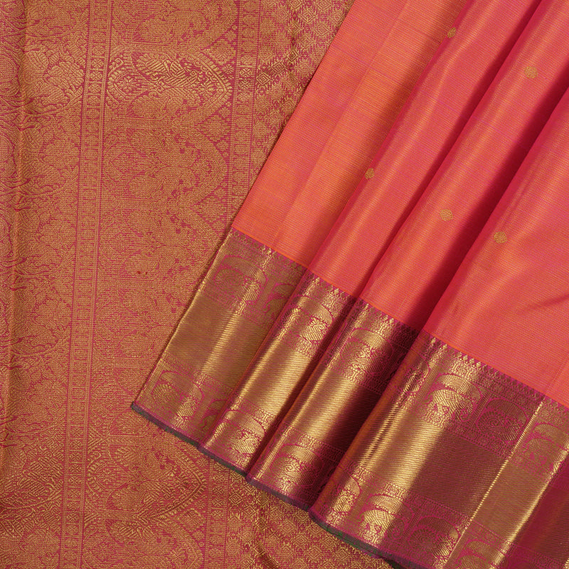 Hayagrivas Handloom Orangish-Pink Kanjivaram Silk Saree with Rani Pink Border KBE2238B2-1