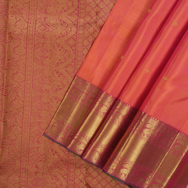 Hayagrivas Handloom Orangish-Pink Kanjivaram Silk Saree with Rani Pink Border KBE2238B2-1