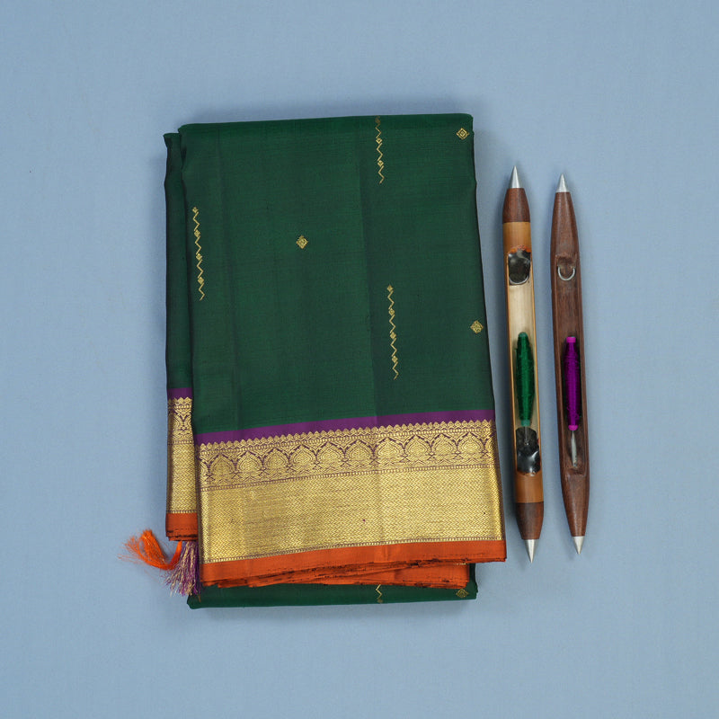 Hayagrivas Handloom Bottle Green Kanjivaram Silk Saree with Purple Border KBE2240B3-1