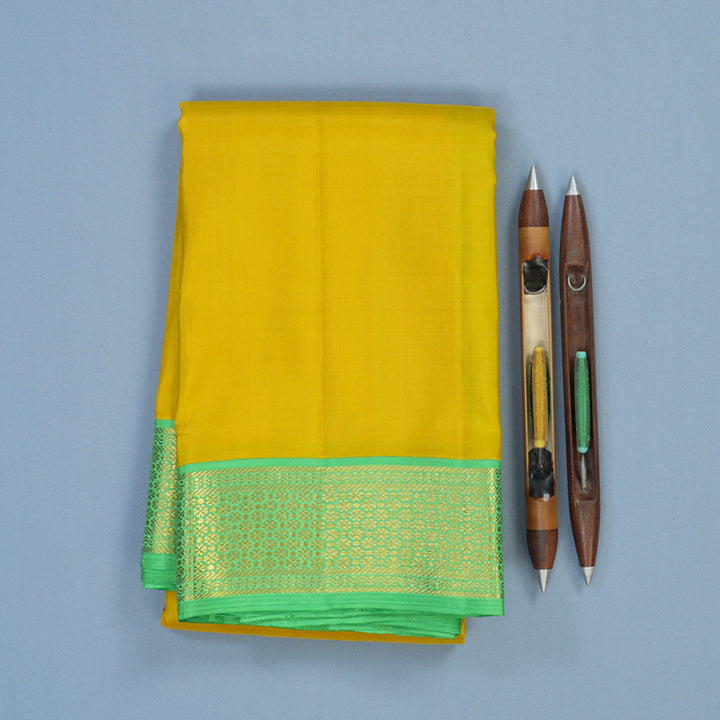 Hayagrivas Handloom Lime Yellow Kanjivaram Silk Saree with Parrot Green Border KBE2243B2-1