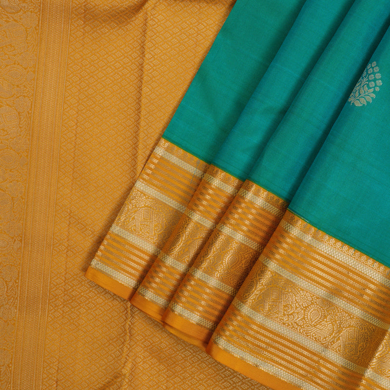 Hayagrivas Handloom Blue-Green Kanjivaram Silk Saree with Mustard Border KBE2246B1-40