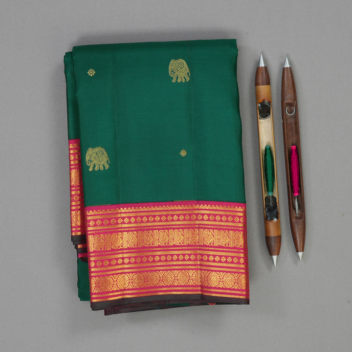 Hayagrivas Handloom Emerald Green Kanjivaram Silk Saree with Rani Pink Border KBE2247B14-3