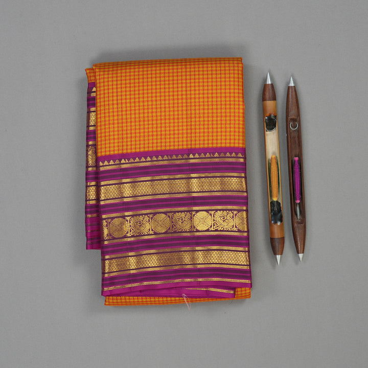 Hayagrivas Handloom Orange & Yellow Muted Checks Kanjivaram Silk Saree KBE2247B16-3